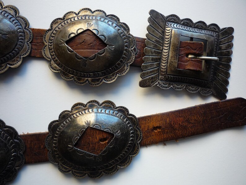 Antique Second Phase Navajo Native American Coin Silver Brown Leather Concho Belt image 3