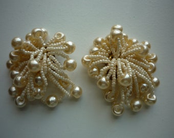 Beautiful Vintage Clip On Cluster Pearl Earrings Wedding Bridal