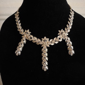 Vintage Silver Tone Clear Rhinestone Floral Necklace Clip On Earring Statement Set Wedding Bridal