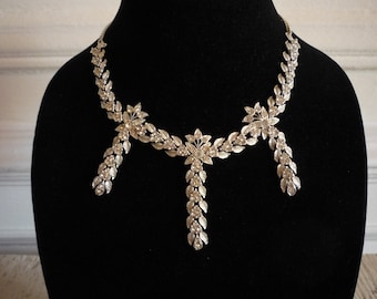 Vintage Silver Tone Clear Rhinestone Floral Necklace Clip On Earring Statement Set Wedding Bridal