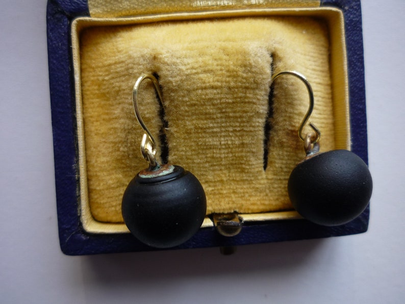 Antique Victorian Matte Jet Black Glass Large 12 mm Bead 14K Gold Vermeil Ear Wire Mourning Earrings image 4