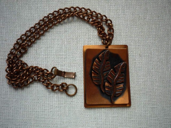 Vintage Copper Rectangular Double Leaf Necklace - image 4