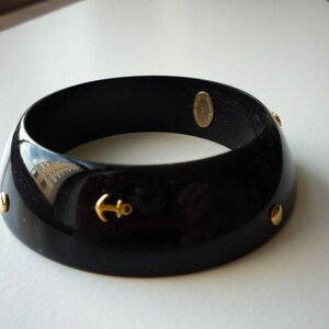 Vintage Alexis Bittar Black Lucite Gold Tone Nautical Studded Bangle Bracelet