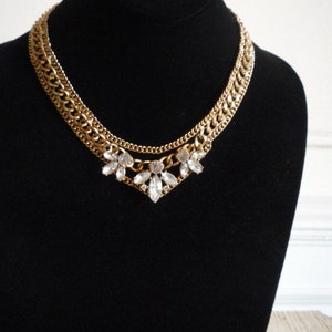 Vintage Chunky Gold Tone Chain Link  Clear Rhinestone  Necklace