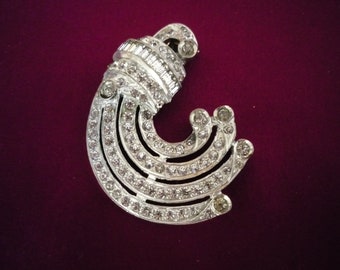 Vintage Art Deco Rhodium Plate Clear Rhinestone Baguettes Fur Clip Pin Brooch