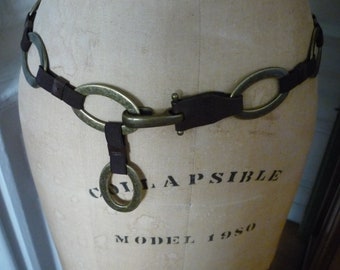 Vintage Brass Oval Link Brown Grosgrain Leather Chain Belt