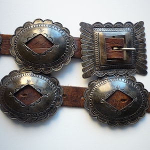 Antique Second Phase Navajo Native American Coin Silver Brown Leather Concho Belt image 1