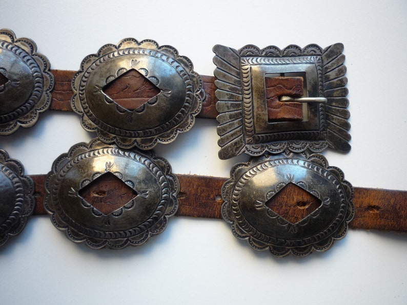 Antique Second Phase Navajo Native American Coin Silver Brown Leather Concho Belt image 1