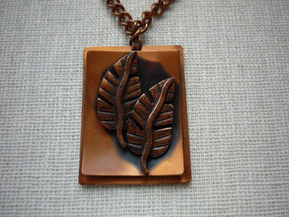 Vintage Copper Rectangular Double Leaf Necklace - image 2