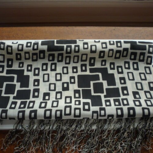 Vintage Art Deco Silk Crepe Black White Geometric Fringe Scarf shops
