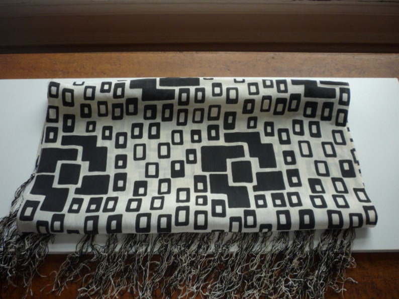 Vintage Art Deco Silk Crepe Black White Geometric Fringe Scarf shops