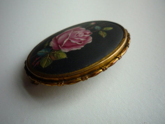 Antique Victorian Hand Painted Rose Enamel Pinchbeck … - Gem