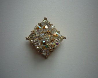 Vintage D&E Juliana Aurora Borealis Crystal  Rhinestone Diamond Shaped Gold Tone Pin Brooch Pendant