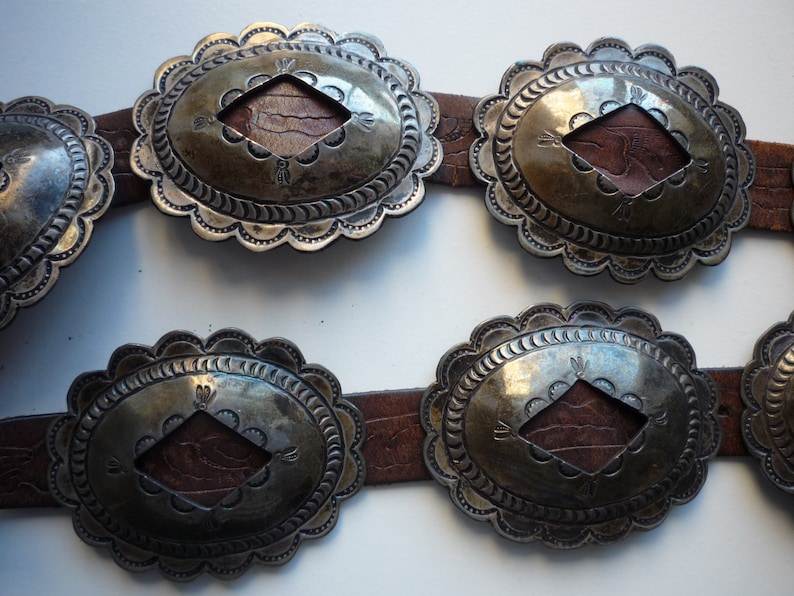 Antique Second Phase Navajo Native American Coin Silver Brown Leather Concho Belt image 6