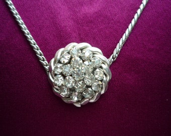 Vintage Silver Plate Clear Rhinestone Pendant Choker Necklace