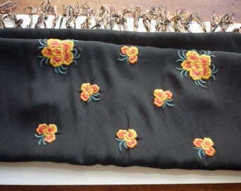 Vintage Black Silk Crepe Embroidered Flowers Long Fringe Driving Scarf