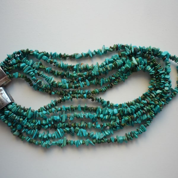 Vintage Southwestern Signed RLL Ralph Lauren Silver Plate 6 Strand Turquoise Chip Statement Necklace