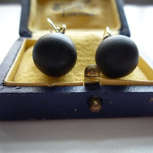 Antique Victorian Matte Jet Black Glass Large 12 mm Bead 14K Gold Vermeil Ear Wire Mourning Earrings image 1