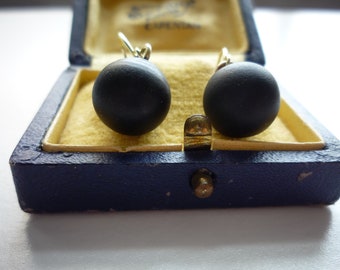 Antique Victorian Matte Jet Black Glass Large 12 mm Bead 14K Gold Vermeil Ear Wire Mourning Earrings
