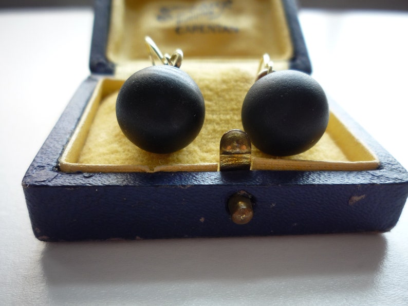 Antique Victorian Matte Jet Black Glass Large 12 mm Bead 14K Gold Vermeil Ear Wire Mourning Earrings image 1