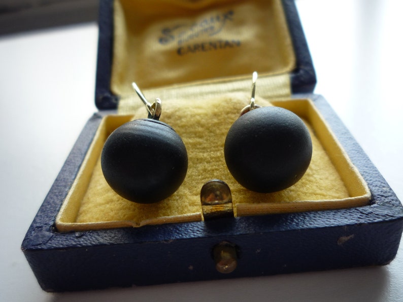 Antique Victorian Matte Jet Black Glass Large 12 mm Bead 14K Gold Vermeil Ear Wire Mourning Earrings image 8