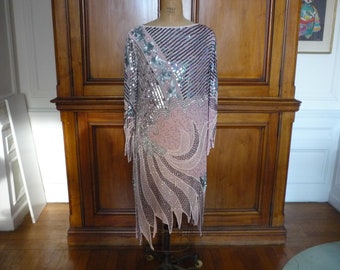 Vintage EXOTIC 1980 Heavily Embellished Beaded Sequin Pearl Pink Asymmetrical Flapper Evening Party Silk Dress Size Large