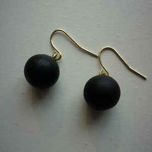 Antique Victorian Matte Jet Black Glass Large 12 mm Bead 14K Gold Vermeil Ear Wire Mourning Earrings image 2