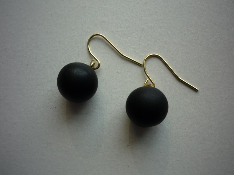 Antique Victorian Matte Jet Black Glass Large 12 mm Bead 14K Gold Vermeil Ear Wire Mourning Earrings image 2