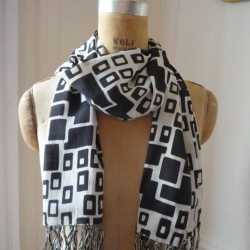 Vintage Art Deco Silk Crepe Black White Geometric Fringe Scarf shops
