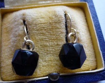 Antique Victorian Faceted Black Jet Bead 14K Gold Vermeil Wire Dangling Earrings