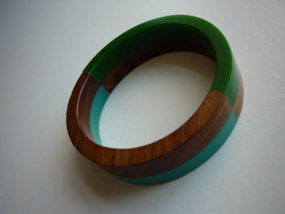 Vintage 3 Tone Lucite Turquoise Green Wood Grain … - image 1