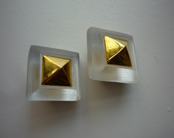 Pendientes de clip Alexis Bittar vintage de lucita transparente en tono dorado con gran volumen