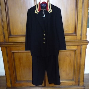 Vintage Ralph Lauren Collection Purple Label 1990 Navy Blue Gold Military Style Wool Crepe Women Pant Suit Size 12