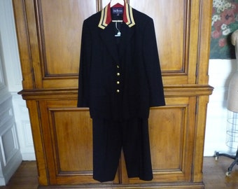 Vintage Ralph Lauren Colección Purple Label 1990 Azul Marino Oro Estilo Militar Lana Crepe Mujer Pantalón Traje Tamaño 12