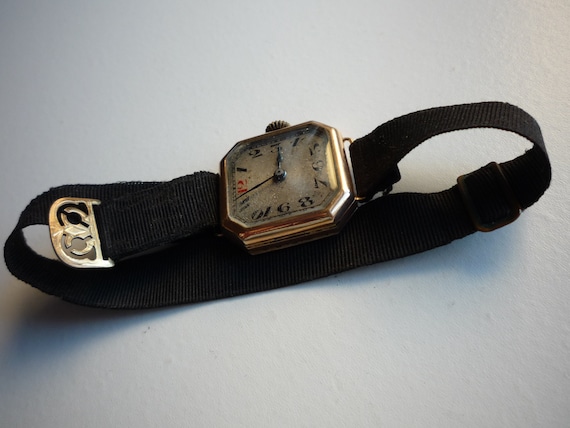 Antique Victorian British Import 9K Yellow Gold Black Ribbon Women Mechanical Wrist Watch