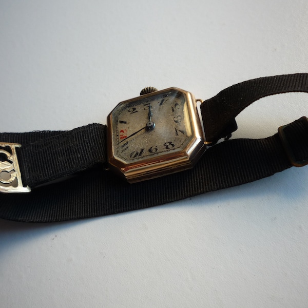 Antique Victorian British Import 9K Yellow Gold Black Ribbon Women Mechanical Wrist Watch