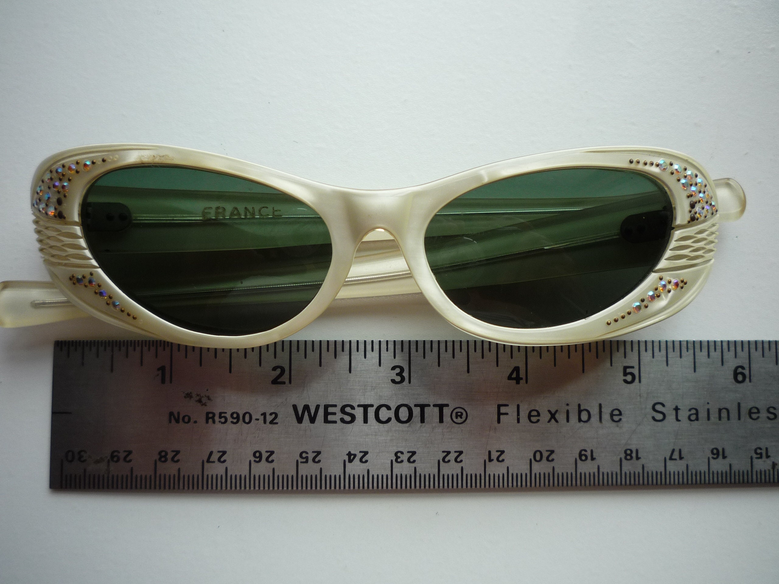 1950s Sunglasses Rhinestone‎ Cateye Eye Glass Lenses Frames Marked France Hip Hop 50 main image 4