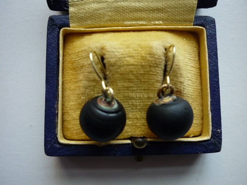 Antique Victorian Matte Jet Black Glass Large 12 mm Bead 14K Gold Vermeil Ear Wire Mourning Earrings image 7