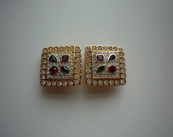 Vintage Swarovski Swan Crystal Multi-Colored Gold Plate Square Clip On Earrings