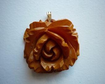 Antique Large Deep Carved Butterscotch Bakelite Rose Pendant 14K Bail