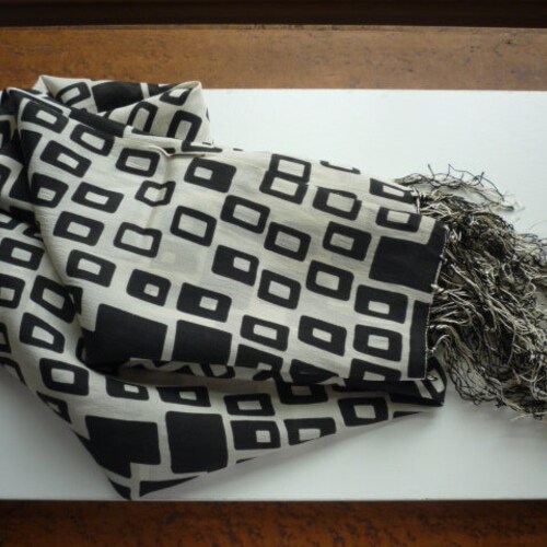 Vintage Art Deco Silk Crepe Black White Geometric Fringe Scarf shops