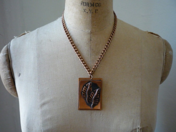 Vintage Copper Rectangular Double Leaf Necklace - image 1
