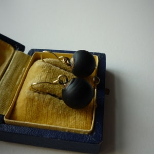 Antique Victorian Matte Jet Black Glass Large 12 mm Bead 14K Gold Vermeil Ear Wire Mourning Earrings image 6