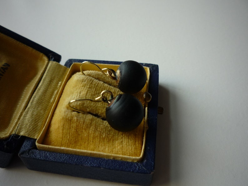 Antique Victorian Matte Jet Black Glass Large 12 mm Bead 14K Gold Vermeil Ear Wire Mourning Earrings image 6