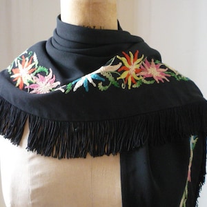 Vintage 1930 Rayon Crepe Embroidered Triangle Black 2 Sided Shawl Fringe Scarf Bohemian