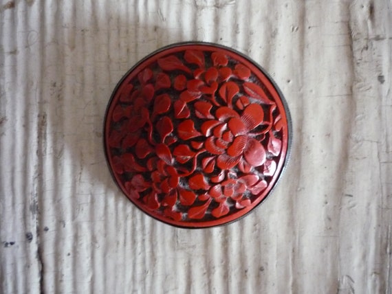 Vintage Chinese Handcrafted Carved Cinnabar Peony… - image 1