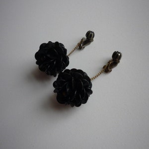 Vintage 1960's Mod Black Plastic Black Floral Ball Statement Dangling Clip On Earrings