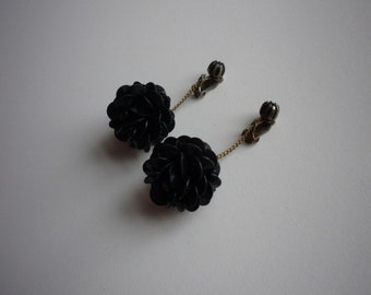 Vintage 1960's Mod Black Plastic Black Floral Ball Statement Dangling Clip On Earrings