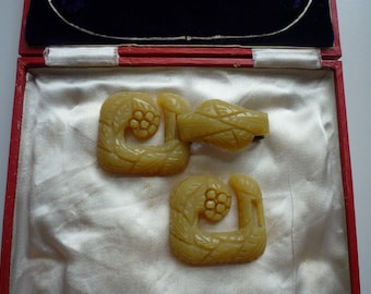 Outstanding Vintage 1940 Two Piece Deep Hand Carved Bakelite Chartreuse Keim Ltd. London Belt Buckle