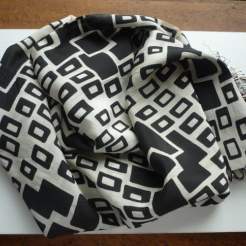 Vintage Art Deco Silk Crepe Black White Geometric Fringe Scarf shops